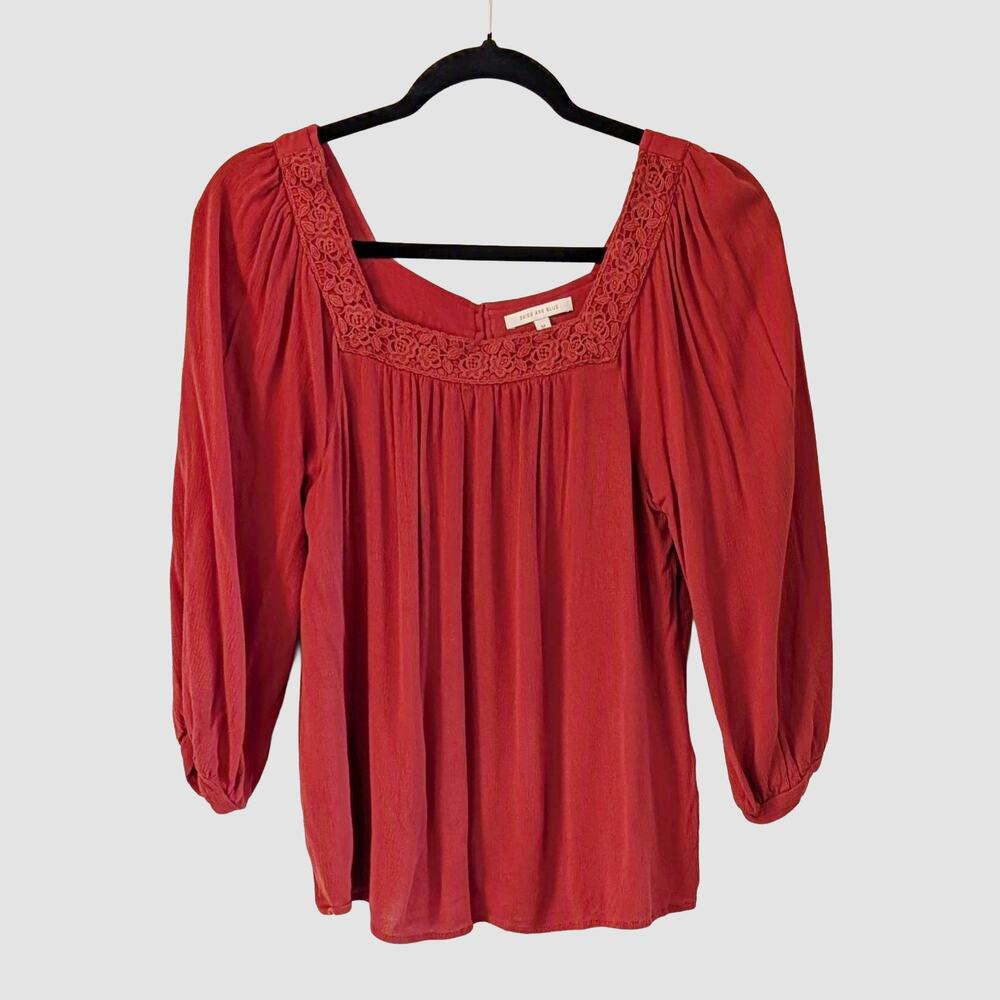Skies Are Blue Rust Boho Blouse Size M Lace Trim Peasant Top